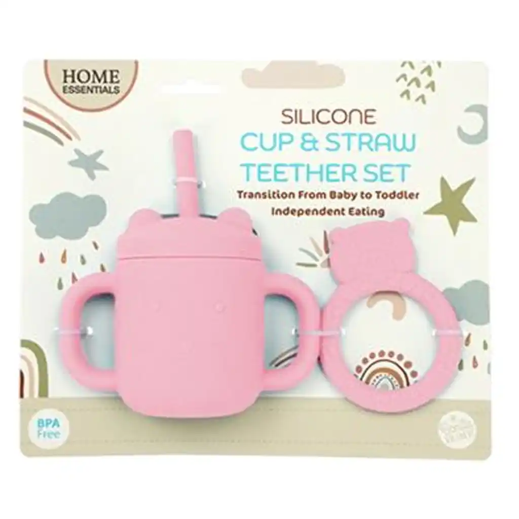 Bh Silicone Cup Straw & Teether Set, Pink
