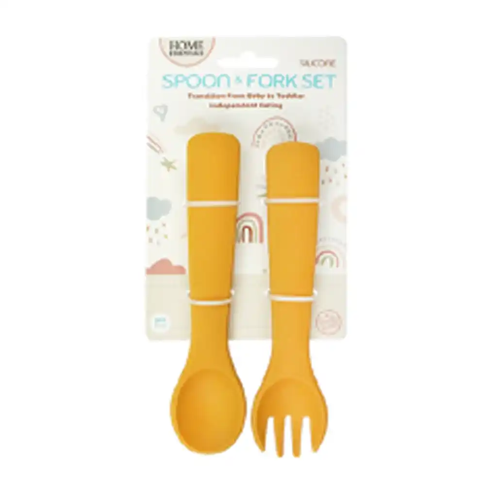 Bh Silicone Baby Spoon & Fork Set 5.6in, Yellow